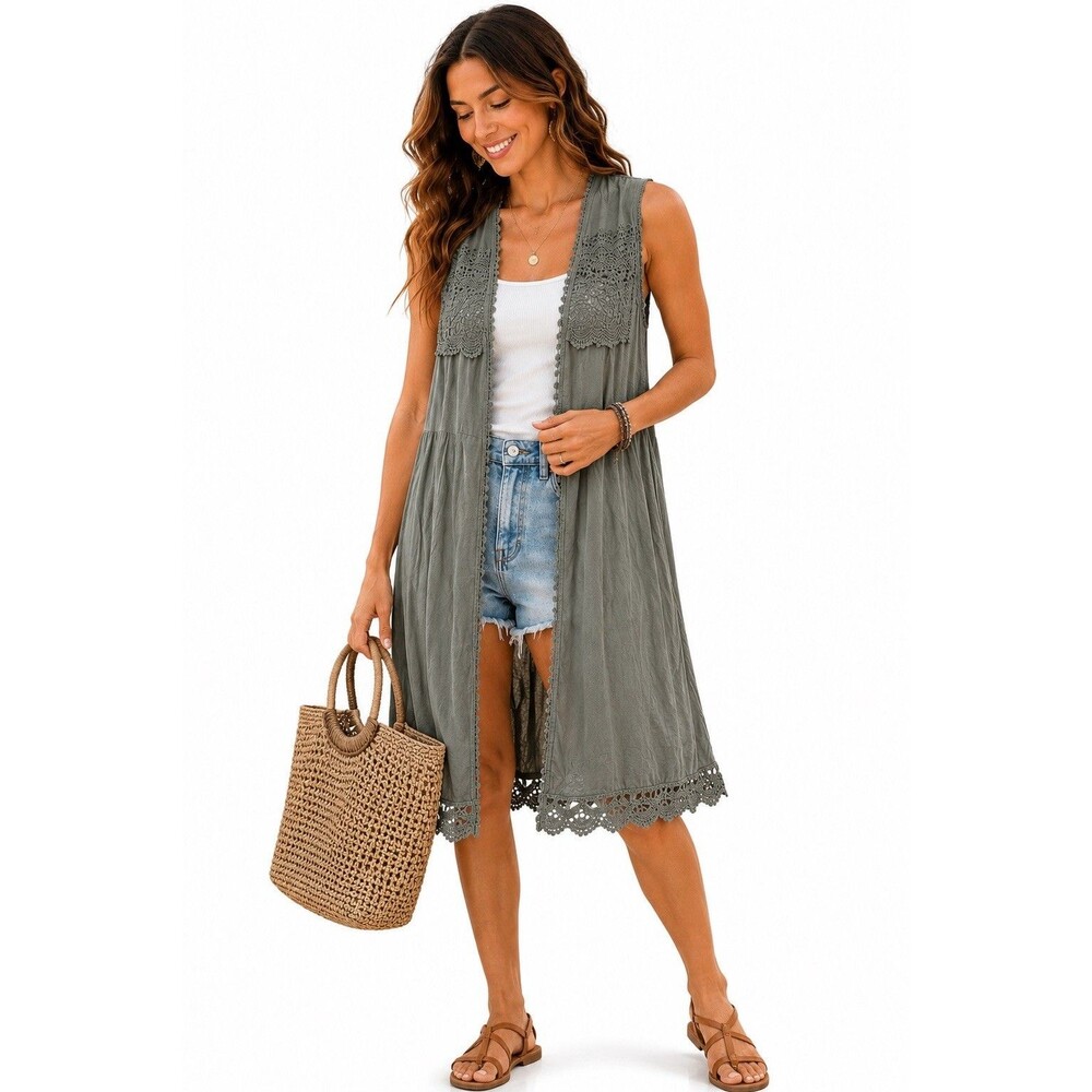 POL Sage Green Crochet Lace Open Front Longline Vest Duster Boho Size Large